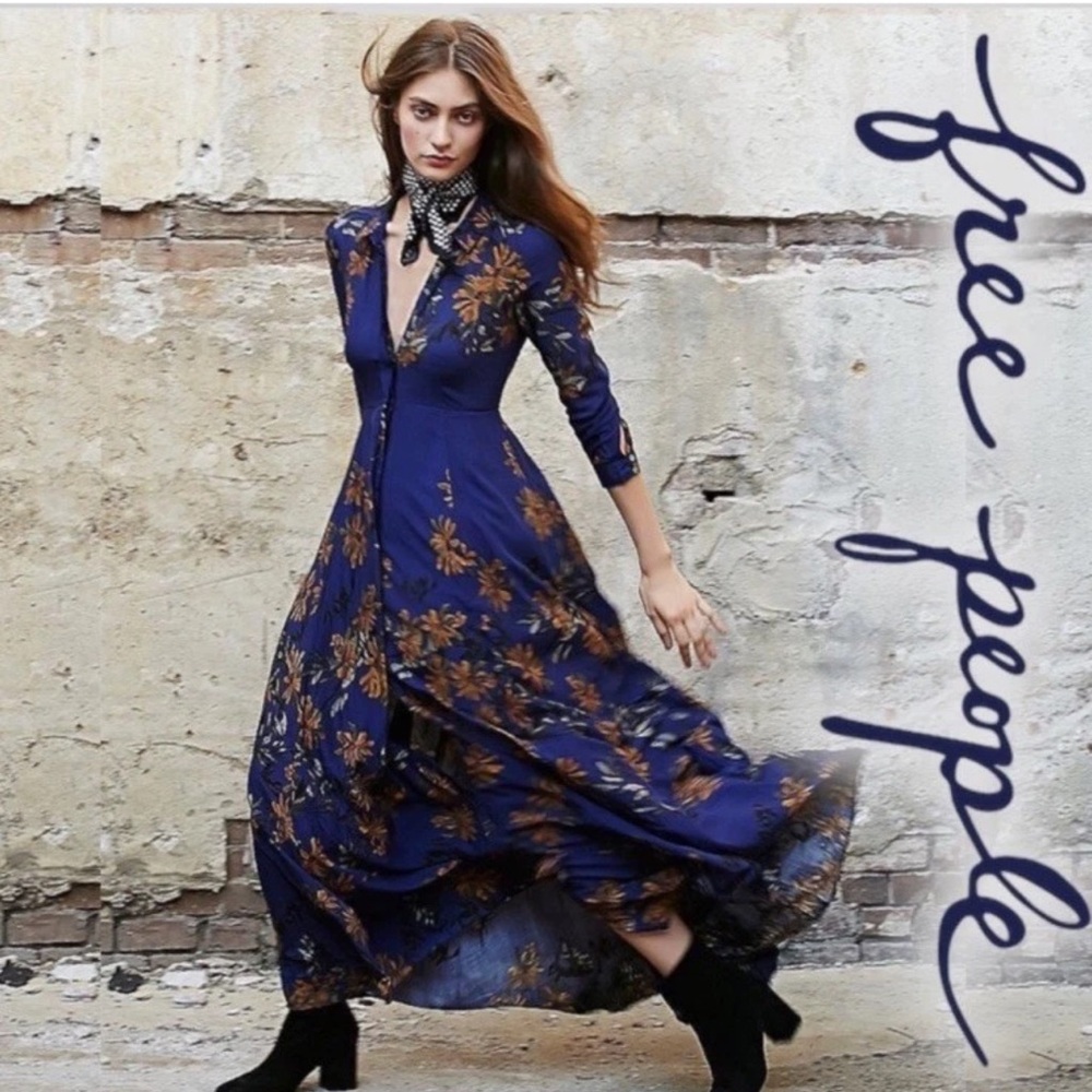 Free People Women's Maxi Dress - Navy and Tan Floral